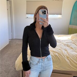 Black Fur Trimmed Zippered Long Sleeve Too